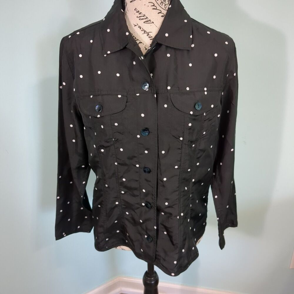 CHICO'S Women SZ 0 Medium Button Up 100% Silk Black Polka Dot Long Sleeve Collar